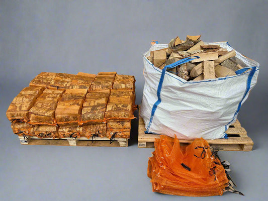 Kiln Dried Ash Logs & Kindling, Firelighter BUNDLE - 20 Nets = 1m3 loose equivalent