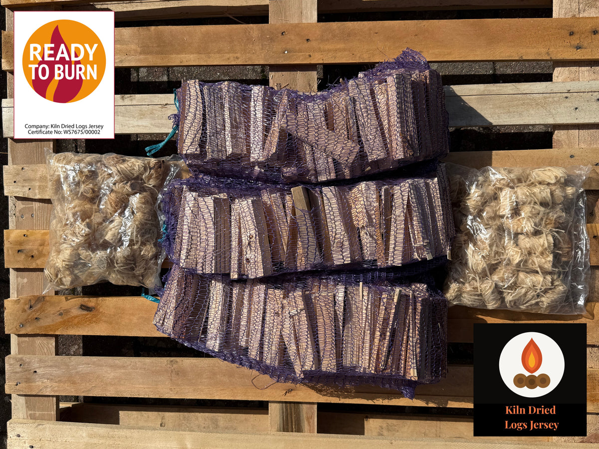 Kiln Dried Kindling 7.5kg & Natural Wood Wool Large Firelighters x100