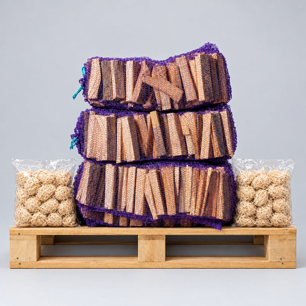 3 nets of kiln dried kindling & 2 bag of natural wood wool firelighters stacked on a pallet