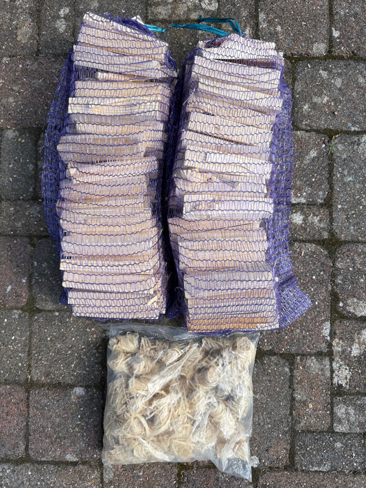 Kiln Dried Birch Logs & Kindling, Firelighter BUNDLE - 10 nets