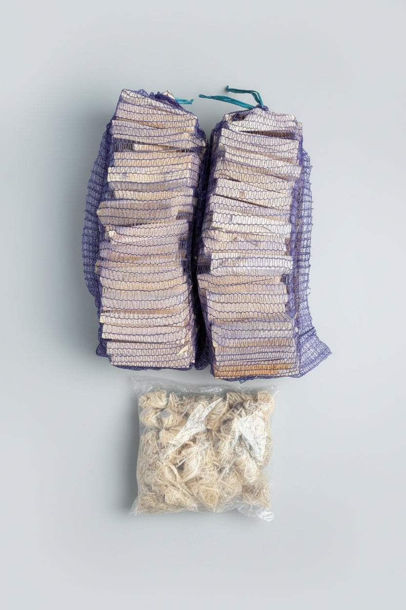Kiln Dried ASH & OAK Logs, Kindling & firelighter BUNDLE - 10 nets