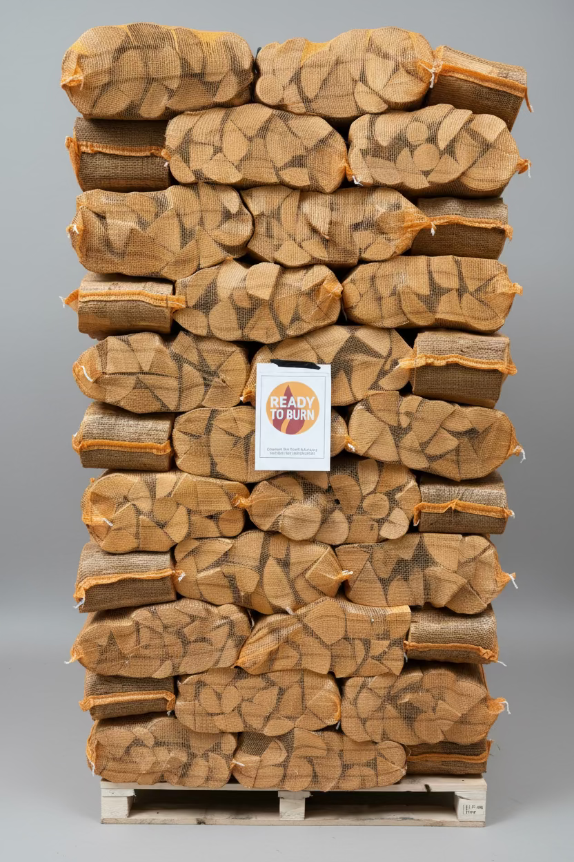 Pallet of kiln dried logs in nets