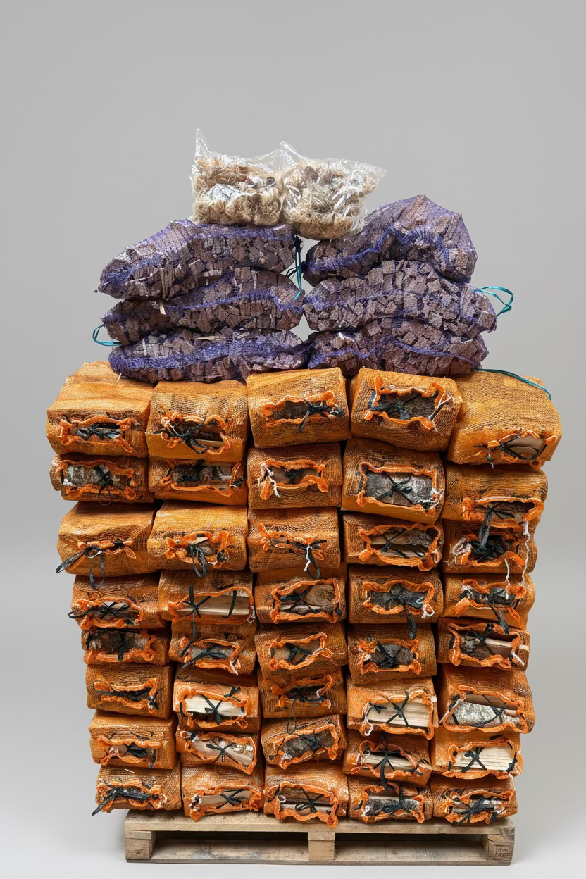 2m3 of Kiln Dried Birch logs, bundled with 15kg of kindling & 100 Firelighters
