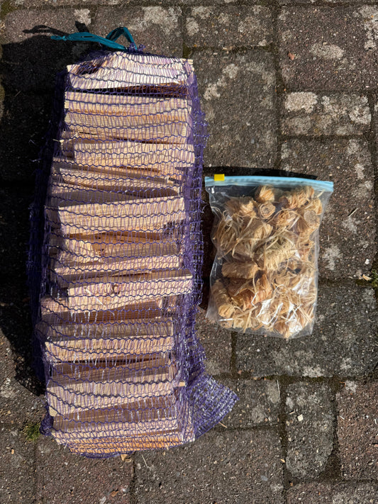 Kiln Dried Ash Logs & Kindling, Firelighter BUNDLE - 5 nets